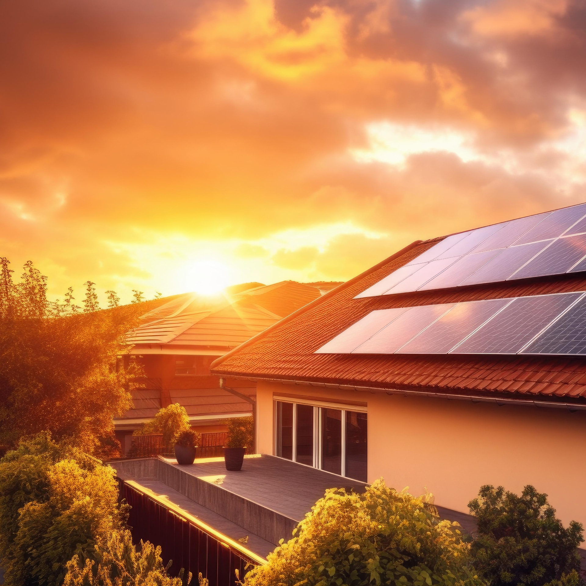 Painéis solares instalados em residência ao pôr do sol